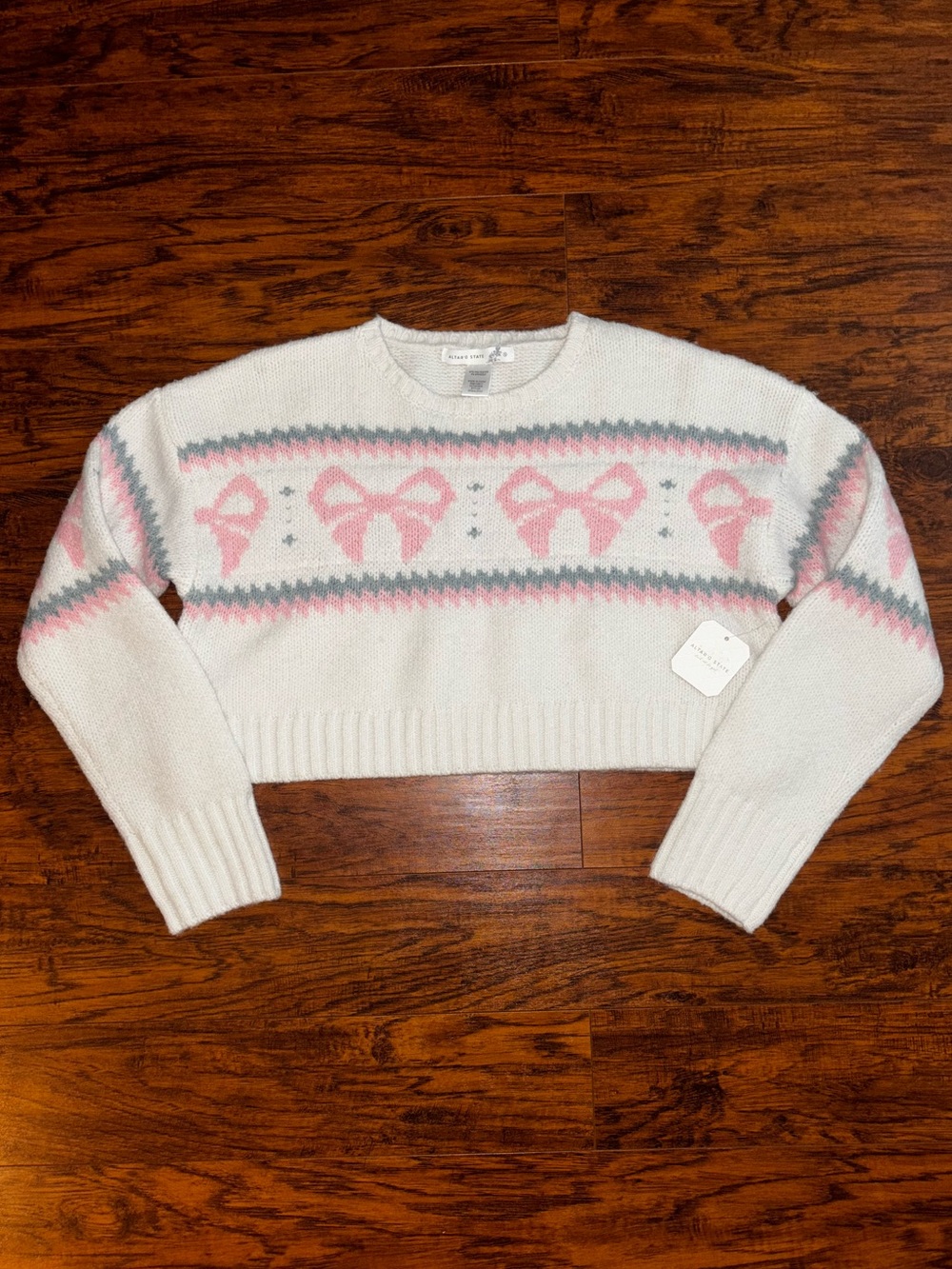 Altar'd State NWT Cropped Sweater Pink Bow Fair Isle White Knit Preppy Girly Top